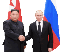 two men shaking hands in front of a russian flag