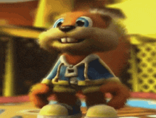 a close up of a cartoon squirrel wearing a blue jacket and shorts .