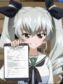 a girl with pigtails is holding a clipboard with an employment job application on it
