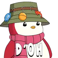 a cartoon of a penguin wearing a hat with hooks on it and the word d ' oh below it