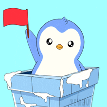 a penguin is holding a red flag in a box that says penguin on it