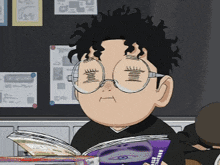a cartoon character reading a book with a purple cover
