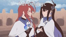 two anime girls are standing next to each other and hai bald gc is written on the bottom
