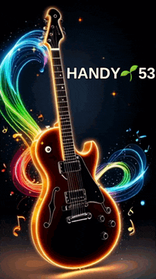 a neon guitar is surrounded by colorful swirls and the name handy 53