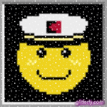 a pixel art of a smiley face wearing a captain hat