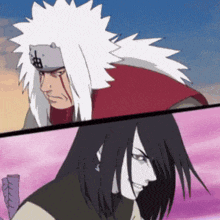 a cartoon of jiraiya and orochimaru standing next to each other on a pink background .