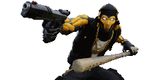 a cartoon character holding a bat and a gun with the number 18 on the bat