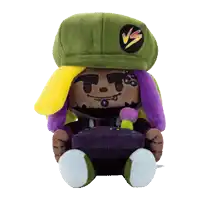 a stuffed toy with purple hair and a green hat with a vs logo on it