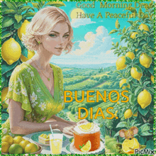 a painting of a woman sitting at a table with lemons in the background