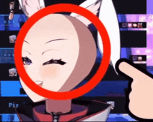 a close up of a cartoon character 's head with a red circle around it