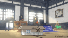 a cardboard box in a room with the words celinepizza on the bottom right