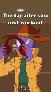 a cartoon of a man holding a dumbbell with the words " the day after your first workout " on the bottom