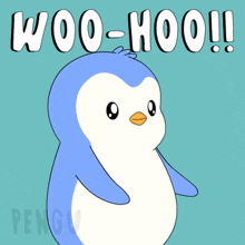 a blue and white penguin with the words woo-hoo written above it