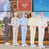 five men in pajamas stand in front of a poster that says " plave "