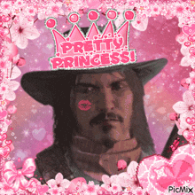 a picture of a man wearing a hat with a crown that says pretty princess
