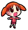 a pixel art drawing of a little girl with red hair and a pink shirt .