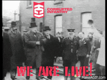 a group of men are walking in front of a building with the words corrupted infantry on the top