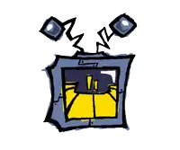 a cartoon drawing of a blue and yellow object with a white circle in the middle