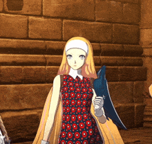 a girl in a polka dot dress is holding a shield
