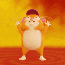 a cartoon hamster wearing a pink hat is standing with its arms outstretched