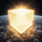 a glowing cube in the middle of a cloudy sky with the earth in the background