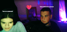 a man and a woman are looking at each other with a heart in the background that says " oxxx "