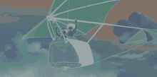 a drawing of two people flying in a hot air balloon in the sky