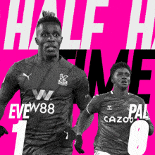 two soccer players on a pink background with the words half time on the bottom