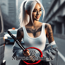a woman with tattoos is holding a sword in front of a museumbola logo