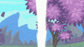 a pixel art of a tree with purple flowers and a mountain in the background