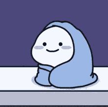 a cartoon character wrapped in a blue blanket with a smile on its face .