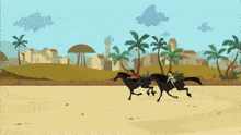 a cartoon shows a man riding a horse in the desert