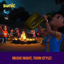 an ad for sonic shows a group of children around a campfire