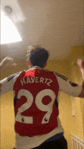 a man wearing a red and white shirt with the number 29 on it