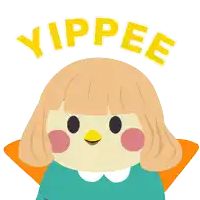 a girl with a bird on her head and the word yippee above her