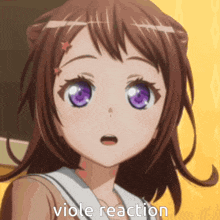 a close up of a girl with purple eyes and the words viole reaction