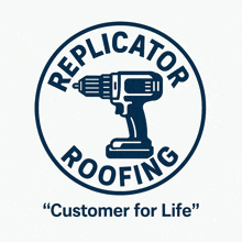 replicator roofing logo with a drill in the center