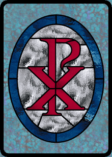 a stained glass window with a red letter r in a blue circle