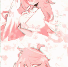 a drawing of a girl with pink hair and the word " ku " on the bottom