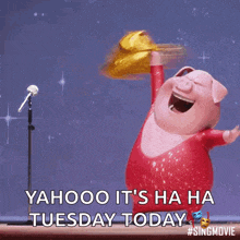a cartoon pig singing into a microphone with the words yahoo it 's ha ha tuesday today below it