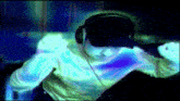 a person wearing headphones and a hat dancing
