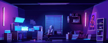 a cartoon illustration of a room with purple lights and a woman on the wall