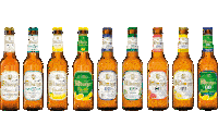 a row of bottles of different flavors of bilburger beer