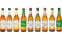 a row of bottles of different flavors of bilburger beer