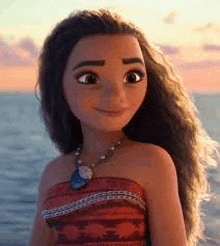 a close up of a cartoon girl with long hair and a necklace .