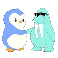 a penguin and a walrus wearing sunglasses are hugging