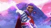a woman with purple hair is holding a purple lightning bolt