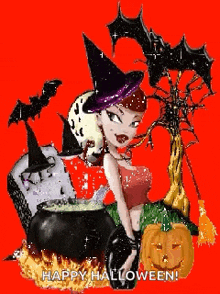 a witch is sitting next to a cauldron and a pumpkin with the words happy halloween written on the bottom