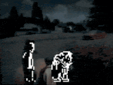 a pixelated image of a man and woman standing in front of a car