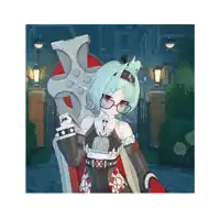 a girl with glasses holds a large axe with the word rip written on it
